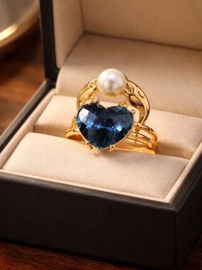 Gold Ring with Blue Heart Gem and Pearl Accent - Women Jewelry